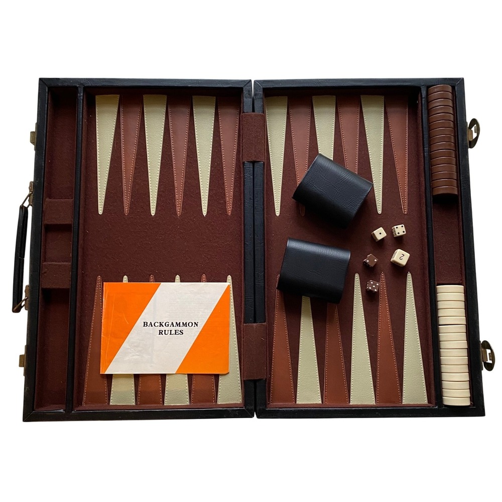 Vintage Backgammon Set Briefcase Game Black Brown Stripes Complete Set Retro